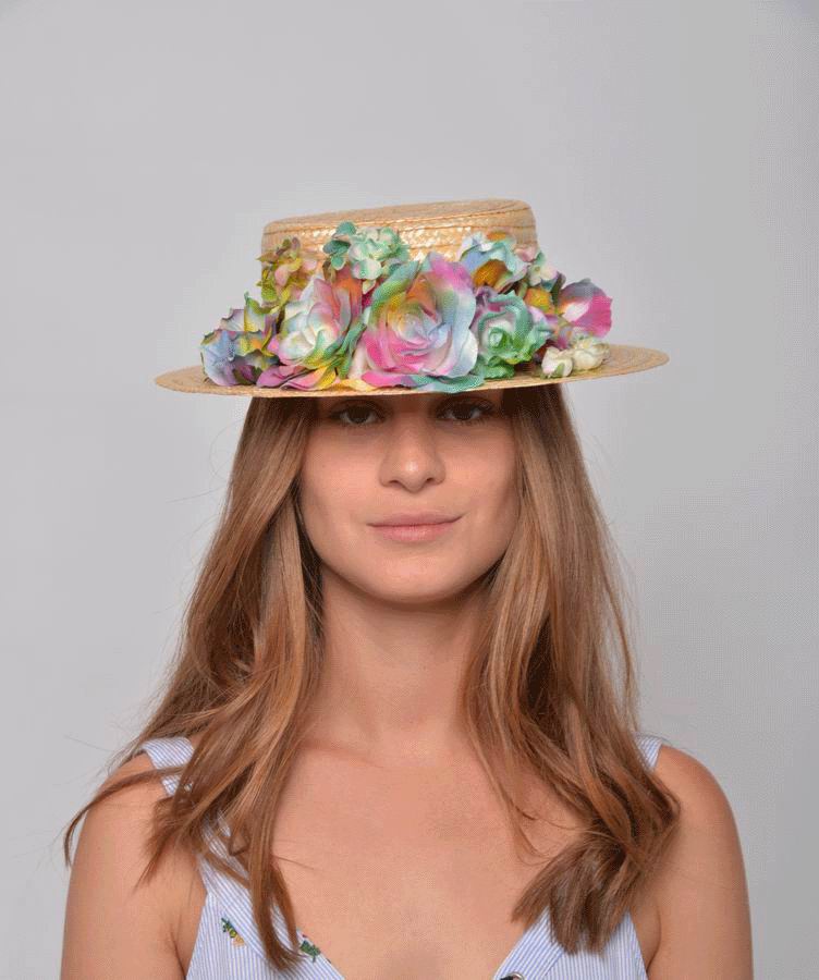 Canotier Sara. Paille et Bouquet de Fleurs Multicolores