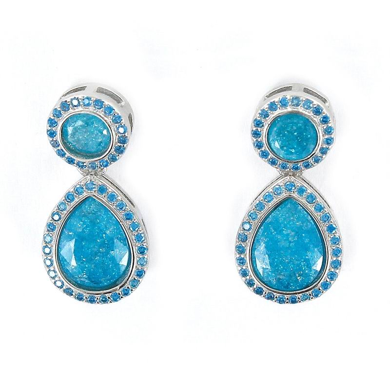 Boucles d'Oreilles en Argent Rhodié avec Disque et Pierres en Forme de Goutte Bleues