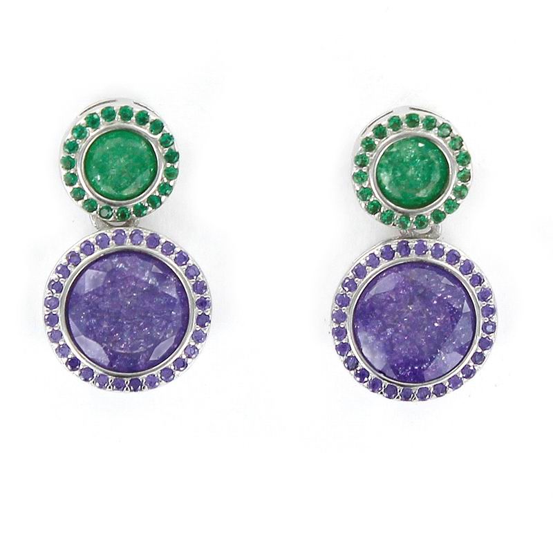 Boucles D'oreilles en Argent Double Disque Pierre Verte et Violette Facettes au Centre avec Biseau