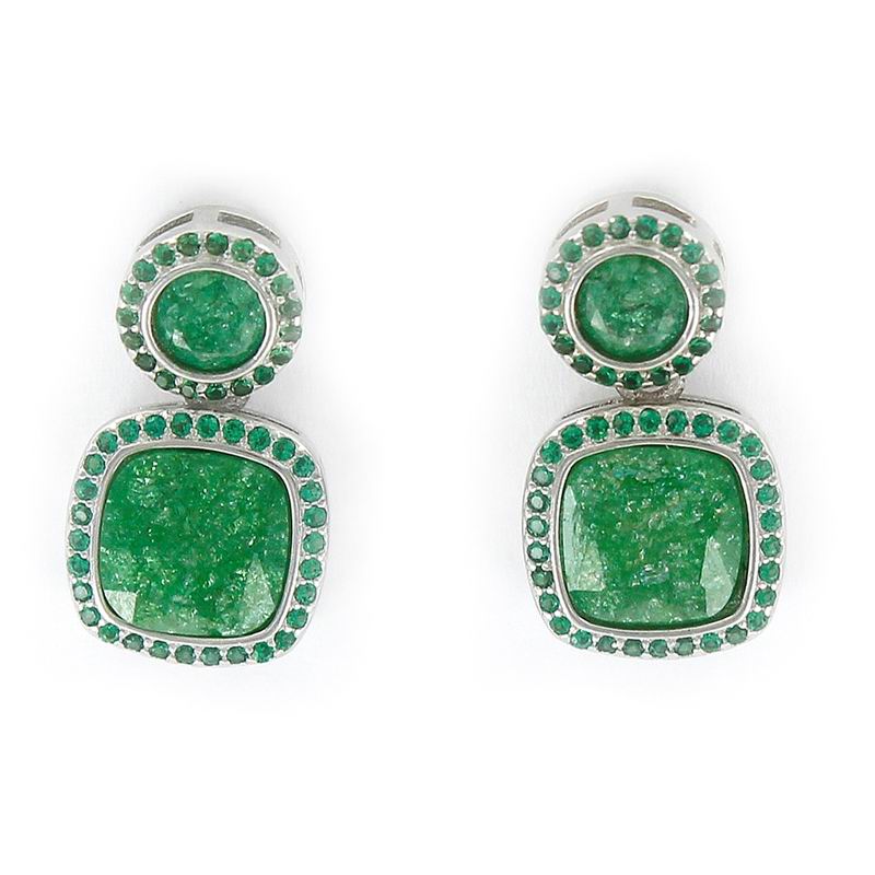 Boucles D'oreilles en Argent avec un Disque et un Carré en Vert