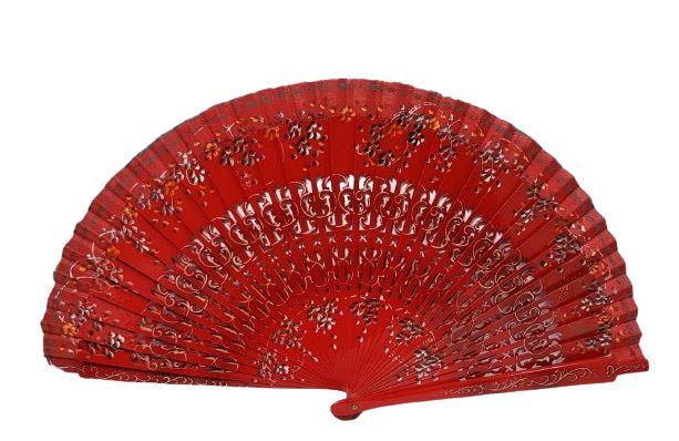 Cheap Red Wood Fan with Painted Flowers