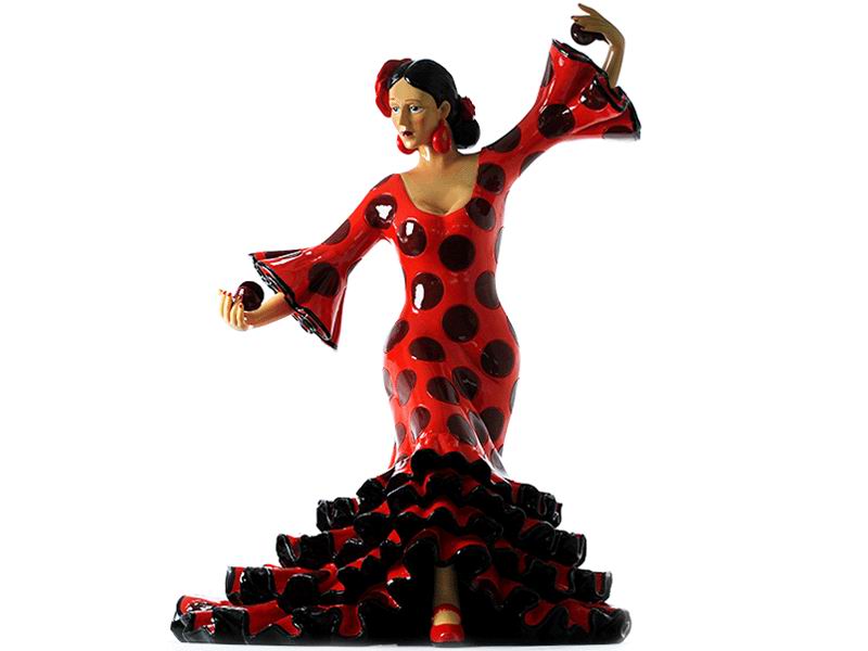 Bailaora Tocando Castañuelas con Traje de Flamenco Rojo Lunar Negro. 9cm