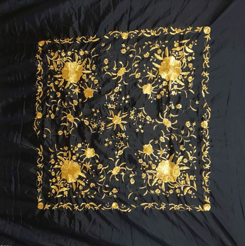 Rehearsal Manila Shawl. Black with gold embroideries. 135cm X 135cm