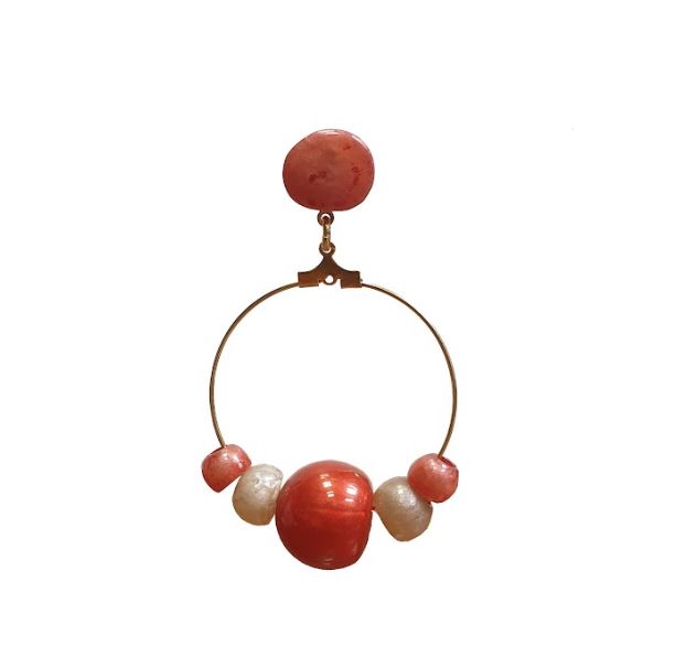 Hoop Earrings with Balls of Coral and Beige Nacre Stones