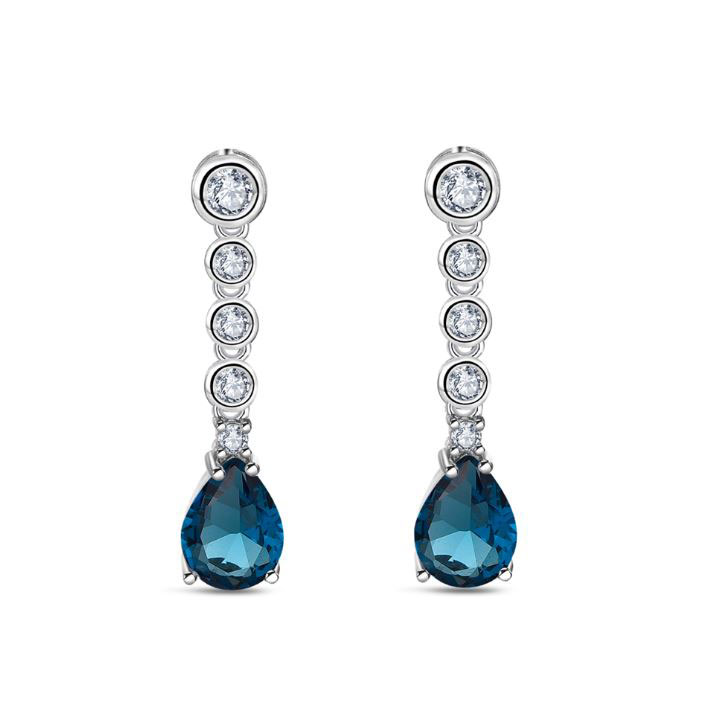 Sterling Silver Rhodium Plated Earrings with Blue Drop Chatons