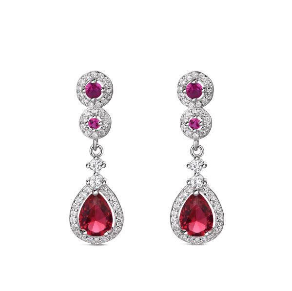 Boucles d'oreilles Chatonet en argent Sterling Plaqué Rhodium avec des Griffes et une Goutte Rouge