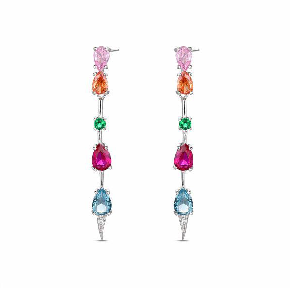 Boucles D'oreilles en Argent Sterling Plaqué Rhodium avec Pierres de Couleur