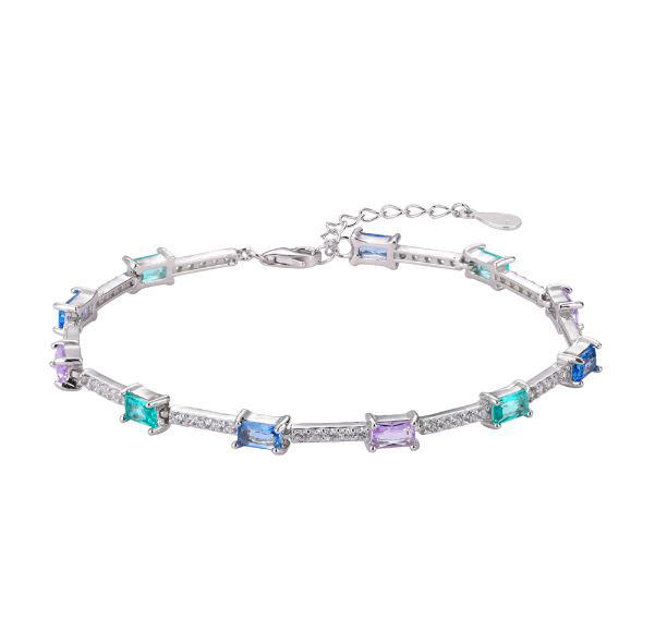 Silver Bracelet Rhodium Plated with Rectangular Coloured Stones