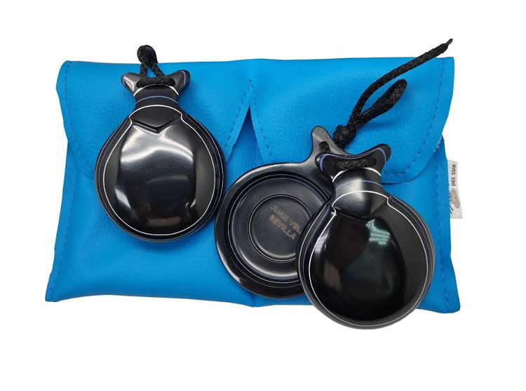 Capricho Black Glass Castanets with White and Blue Veined Glass. Double Soundbox. Castañuelas del Sur