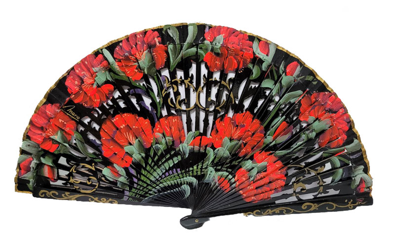 Handmade openwork wooden fan handpainted on both sides. Ref. 1276