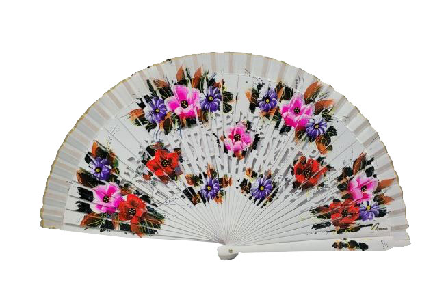 White Fan Decorated with Flowers and Painted by Both Faces