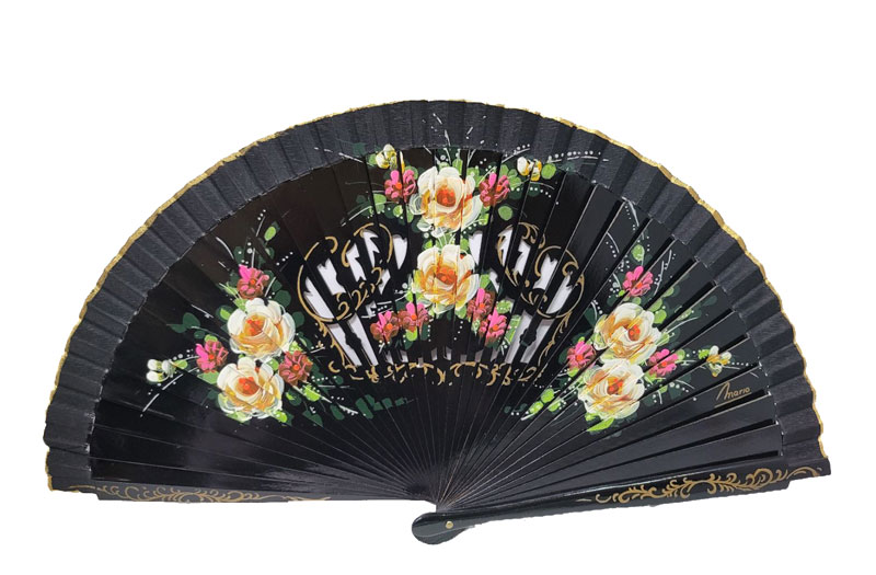 Abanico Negro con calado y decoración floral pintado por ambas caras. Ref. 1145