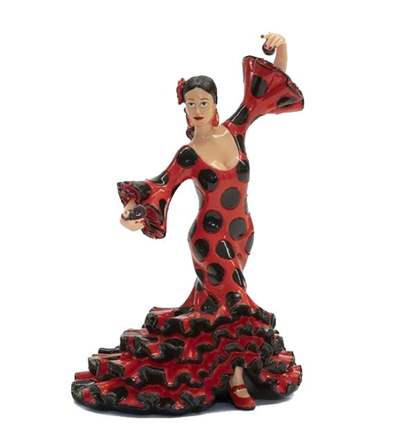 Bailaora Jouant des Castagnettes avec une Robe de Flamenco Rouge à pois Noirs. 20cm