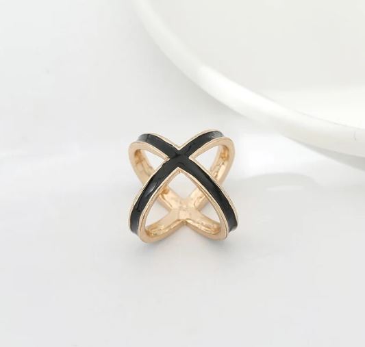 Anillo Broche para Mantoncillo en Forma de X en Metal Dorado y Lacado en Negro