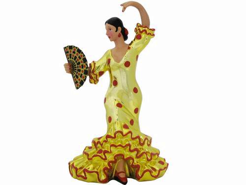 Flamenca Dancer with Red Polka Dots Golden Dress and Fan. 17cm