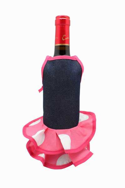 Jeans Flamenco Bottle Apron with Pink Ruffles and White Dots