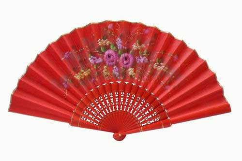 Red hand-painted fan with golden rim. ref. 150