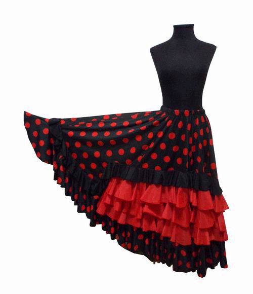 Jupe à pois pour le flamenco avec 5 volants (dont 4 rouges et 1 noir)