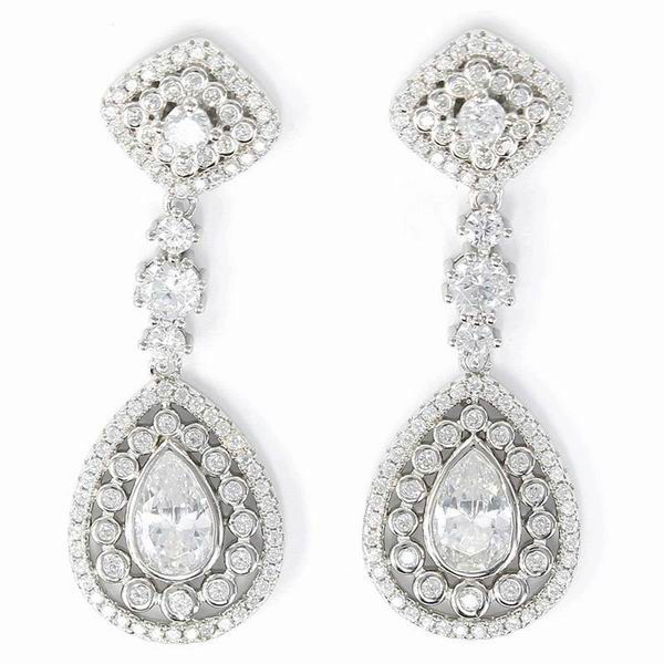 Long Silver Earrings with Zircons, Diamond Shaped in the Header and Teardrop Shaped in the Center